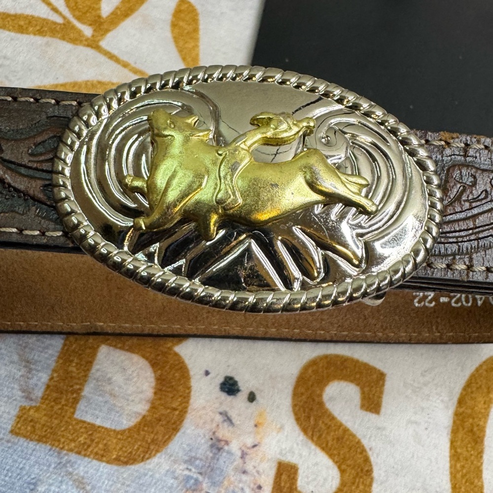 Brown Nocona Leather Belt with Gold and Silver Bullrider Buckle